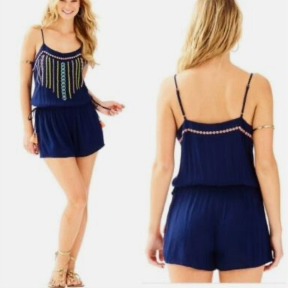 Lilly Pulitzer True Navy Beeler Romper - tribal embroidery and neon pink tassels - Picture 2 of 6